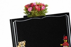 The addition of painted sandblast images to this book and vase create an ever popular children's memorial. A full range of images are available - shown in black granite.tablet 12" (h) x 18" (w) x 2" (d)vase rest 10" (h) x 6" (w) x 9/6" (d)Base 2" (h) x 20" (w) x 14" (d)Product code -  16153