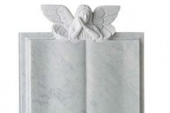 An intircately carved angel resting over a book style memorial - shown in carrara marble.headstone 30" (h) x 24" (w) x 4" (d)Base 4" (h) x 30" (w) x 12" (d)Product code -  16130