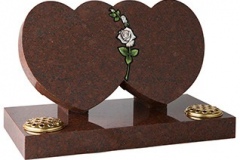 An elegant double heart memorial linked by a cnc carved and painted rose - shown in ruby red granite.tablet 16" (h) x 28" (w) x 3" (d)rest 12" (h) x 6" (w) x 3" (d)Base 3" (h) x 30" (w) x 15" (d)Product code -  16105