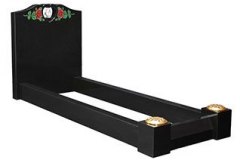 The unique feature of this memorial is the pierced heart which is designed for the placement of a resin or marble dove. The cut-out is flanked by carved and painted roses - shown in black granite.
Overall 36" (h) x 30" (w) x 78" (d)
Product code - 16076